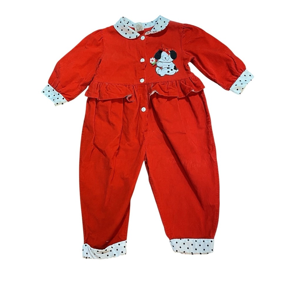 Vintage Red Dalmation Polka Dot Romper 2t Toddler Girls Ruffle Corduroy
